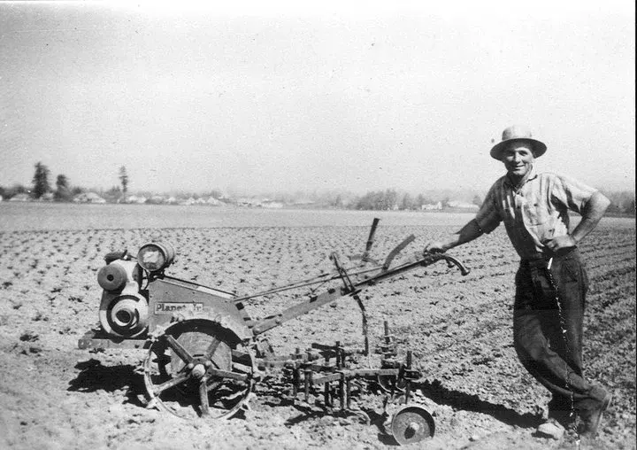 A farmer with a walk-behind tractor in a freshly worked field